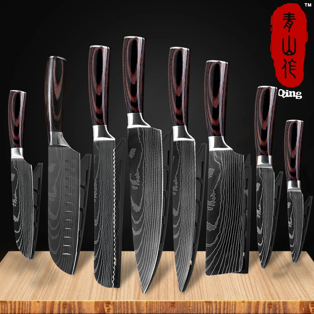 Набор кухонных ножей из высокоуглеродистой нержавеющей стали Qing дамасский узор