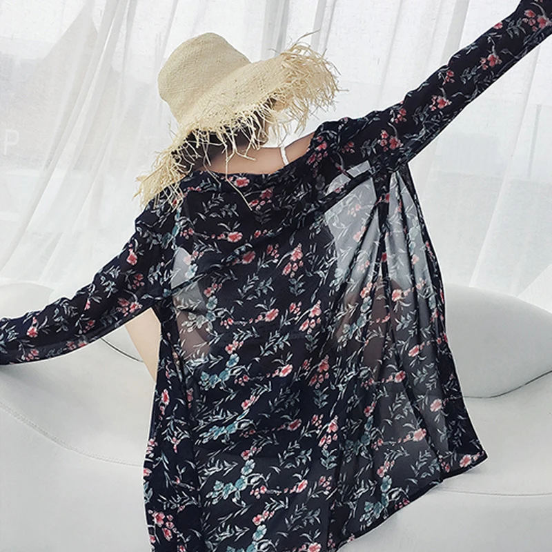 

Корейский стиль Женская Цветочная шифоновая рубашка свободная дышащая защита от солнца тонкий кардиган пляжная блузка для отпуска куртка