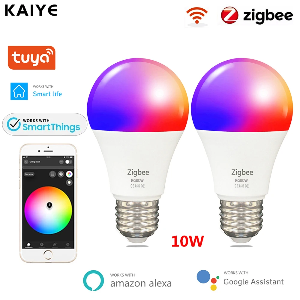 

Умная Светодиодная лампа Zigbee 3,0 Tuya, E27, 10 Вт, 85-265 в, RGB + W + C, диммер, работает с умными устройствами, Alexa, Echo Hub, Google Home