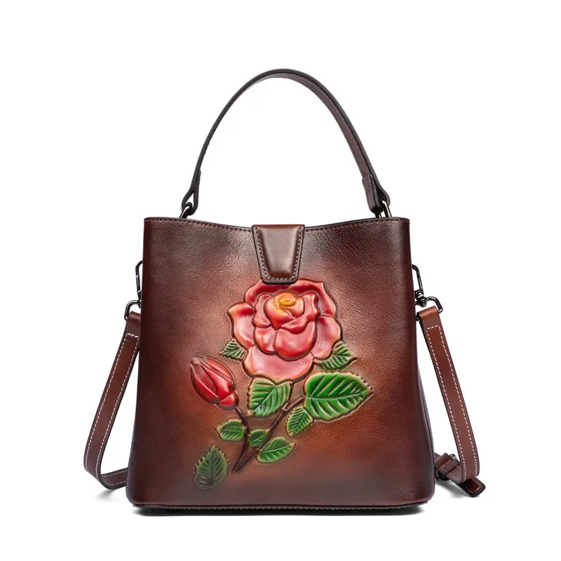 

Bestform First Layer Cow Leather Vintage Women Bucket Bag 2021 New Handmade Embossed Elegant Handbag Versatile Shoulder Bags