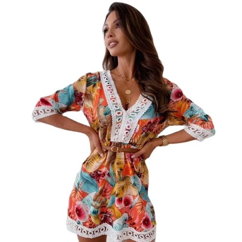 

New Vintage Print Lace Party Mini Dress Women Elegant V-Neck Lace-Up Tassel Dress 2021 Summer Fashion Half Sleeve Fashion Dress