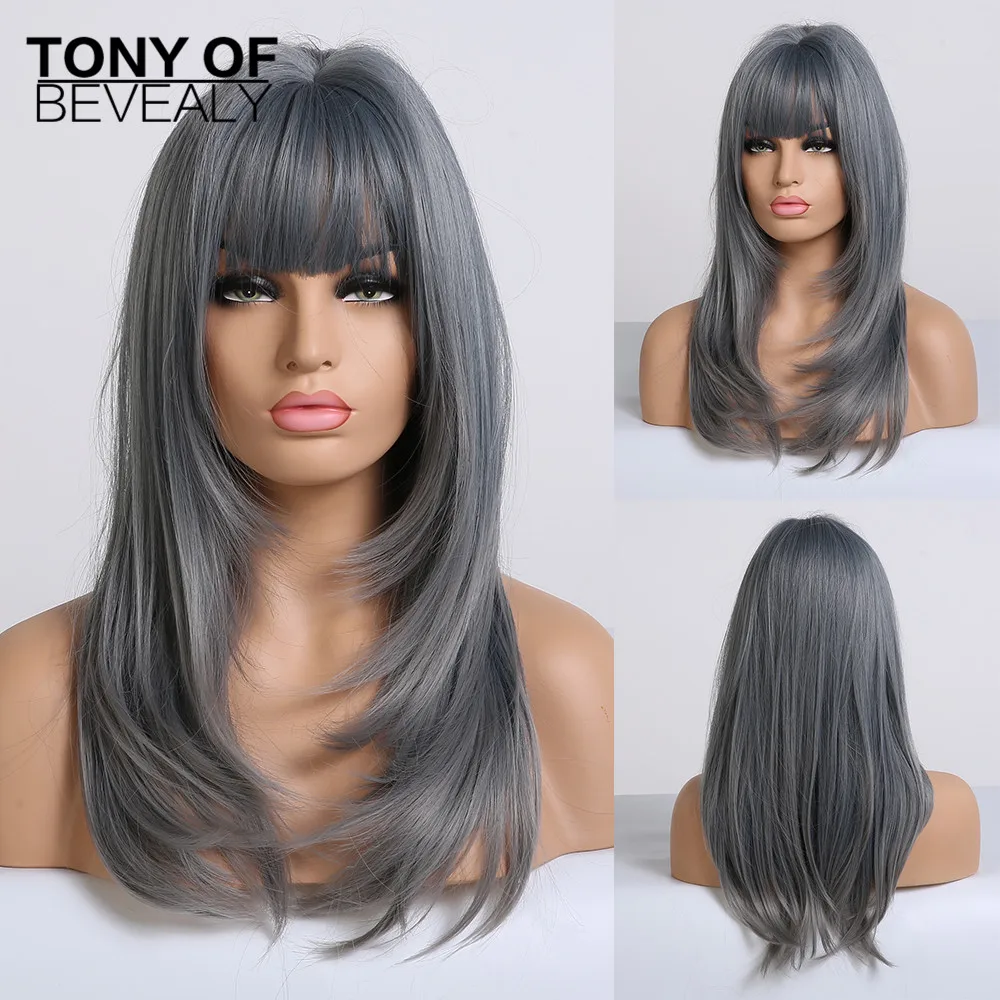 

Long Wavy Ombre Blue Wigs Heat Resistant Synthetic Wigs With Bangs For African American Women Coaplay Natural Hair Wigs