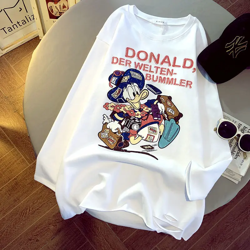 

Disney Donald Duck Thickened Bottoming Shirt Ripped T-shirt Female Spring New Fashion Hedging Loose Casual Long-sleeved Shirt