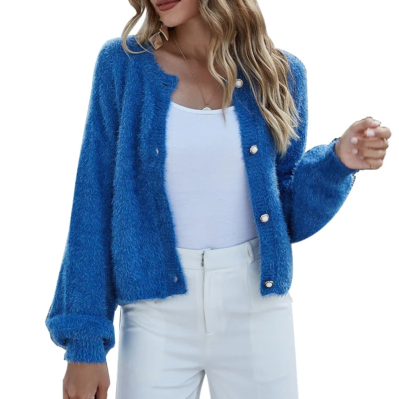 

Fashion Autumn Winter Solid Sweater Coats Women Korean Pearl Buckle Mink Fluffy Plush Thick Cardigan Knit Jacket
