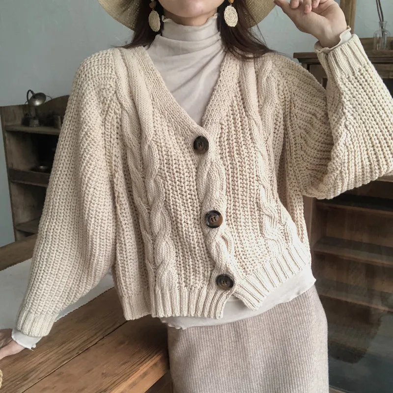 

Korean Women Cardigan With Button Retro Long Sleeve V-Neck Knitted Cropped Cardigan Short Sweater Autumn Winter Outfits AA5286