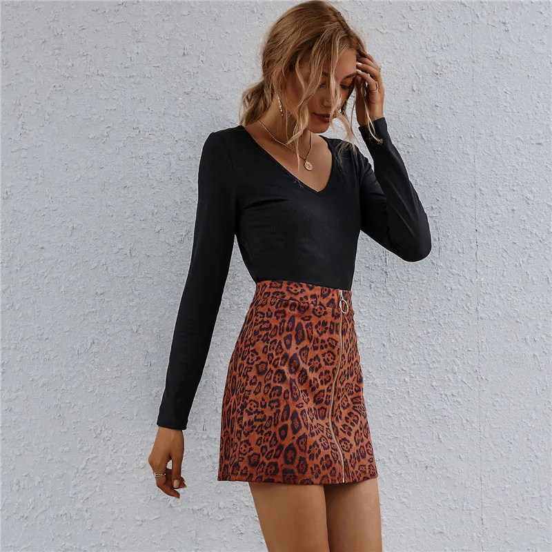 

New ladies casual sexy A-line skirt leopard print zipper mini bag hip skirt club party skirt daily skirt