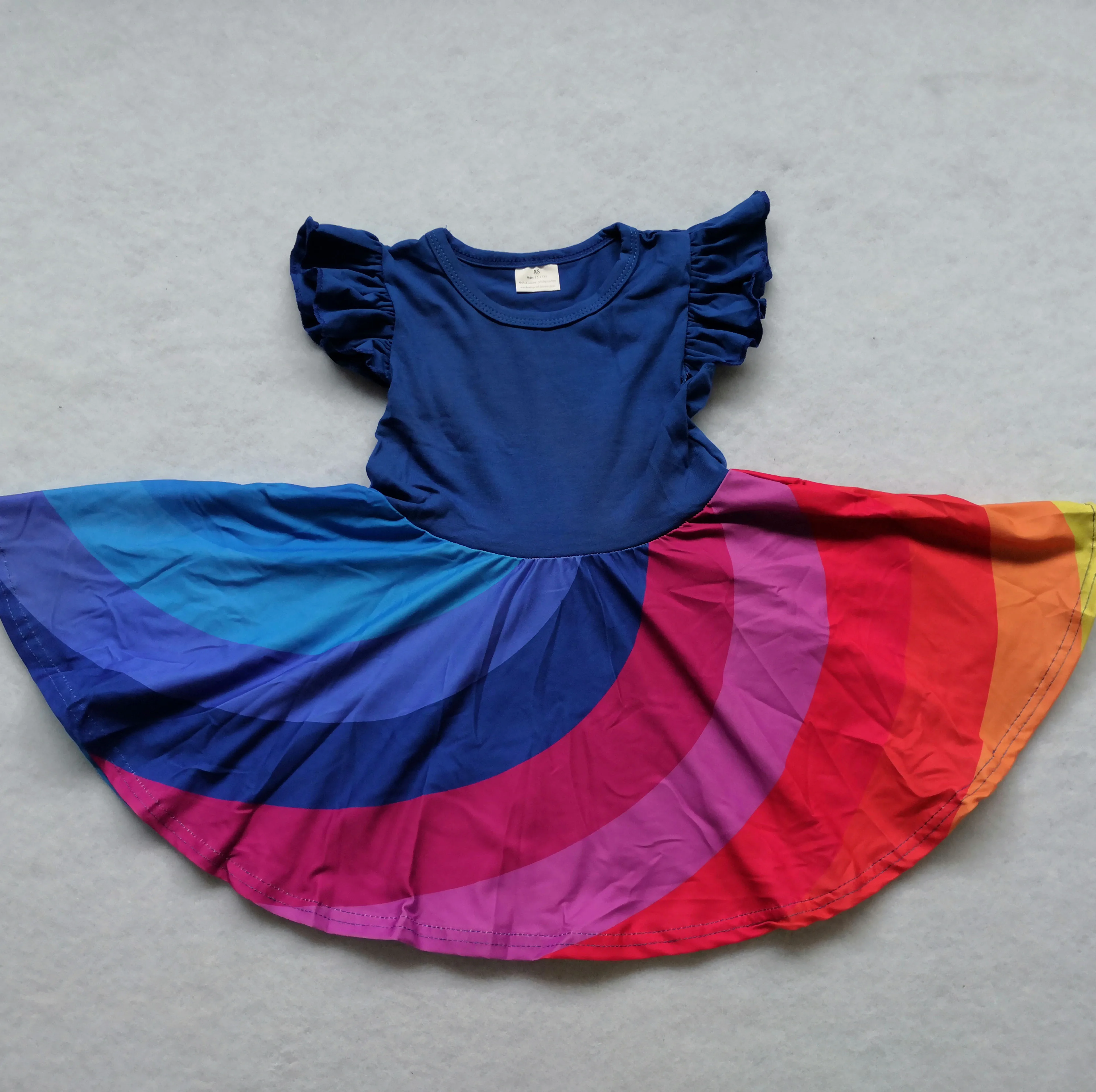 Голубое Радужное платье летнее стильное праздничное с принтом для малышей |