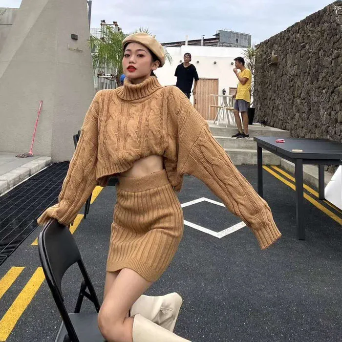 

Fashion new sweater high waist bag hip knitted ladies two-piece suit