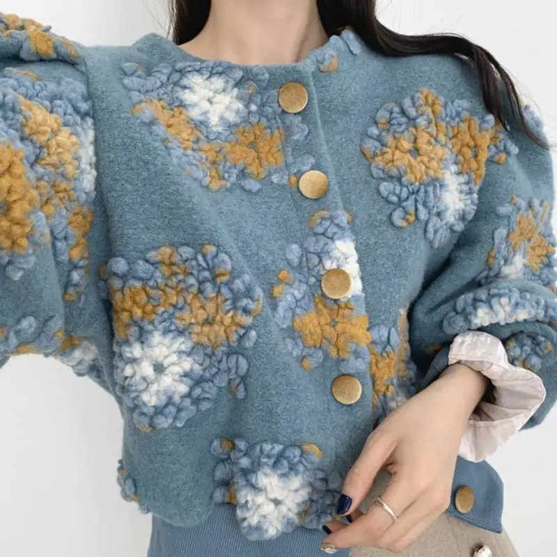 Korean Chic 3d Flower Print Jackets Women Vintage O-Neck Single Breasted Coats Autumn Winter Lantern Sleeve Tops