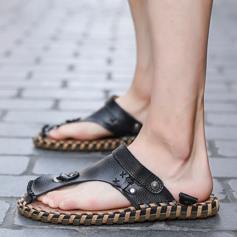 

Summer Beach sandals Men Flip Flops genuine Leather Slippers Male Flats Sandals fashion outdoor Rubber Thong Beach Shoes Men
