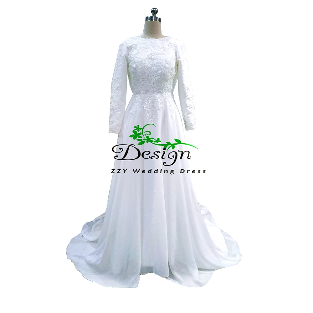 

Glamorous White Robe De Mariee A-line HIGH Neckline Appliques Chiffon Full-Length Custom-Made Wedding Dresses