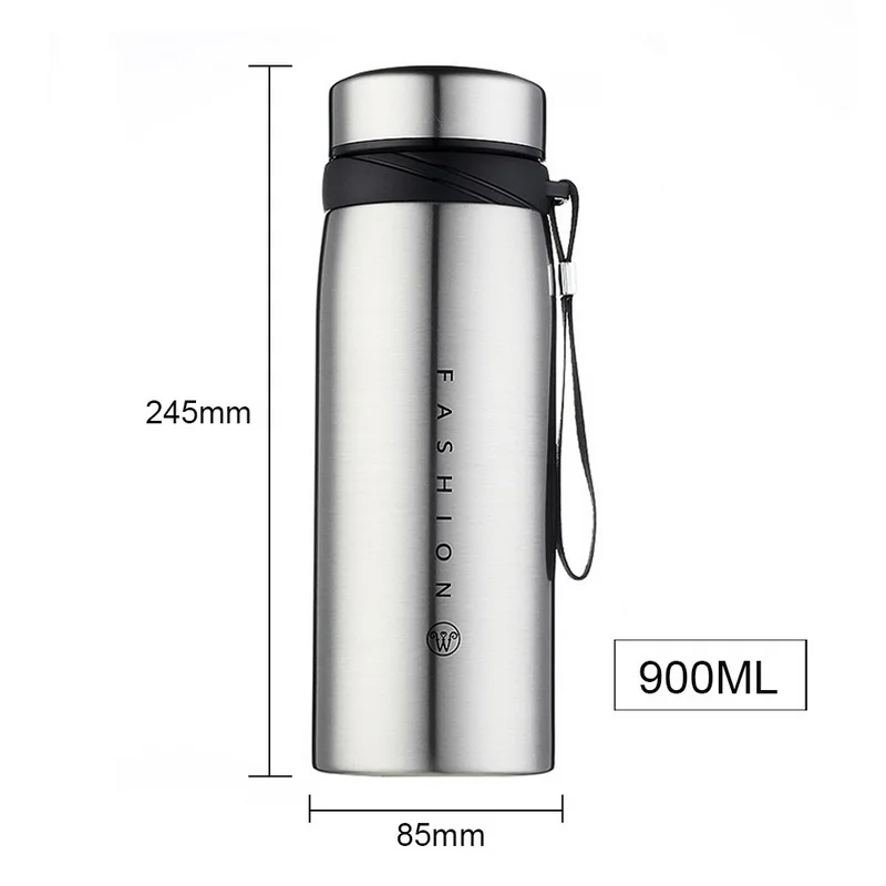 900ml Silver Большая емкость термос бутылка из нержавеющей стали стакан с герметизацией бутылка для воды портативная вакуумная колба для кофе кружка дорожная чашка - Цвет: 900ml Silver