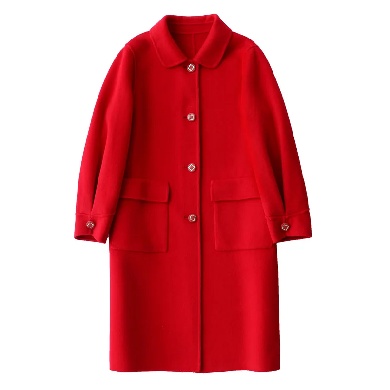 

Winter Long Black Double Sided Woolen Overcoat Winter 2020 Women Baby Collar Single Breated Korean High End 100% Wool Coat