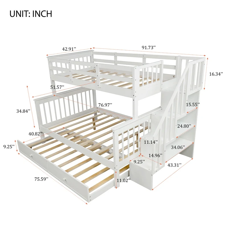 

Stairway Twin-Over-Full Bunk Bed With Twin Size Trundle With Storage And Guard Rail Bunk Bed For Bedroom