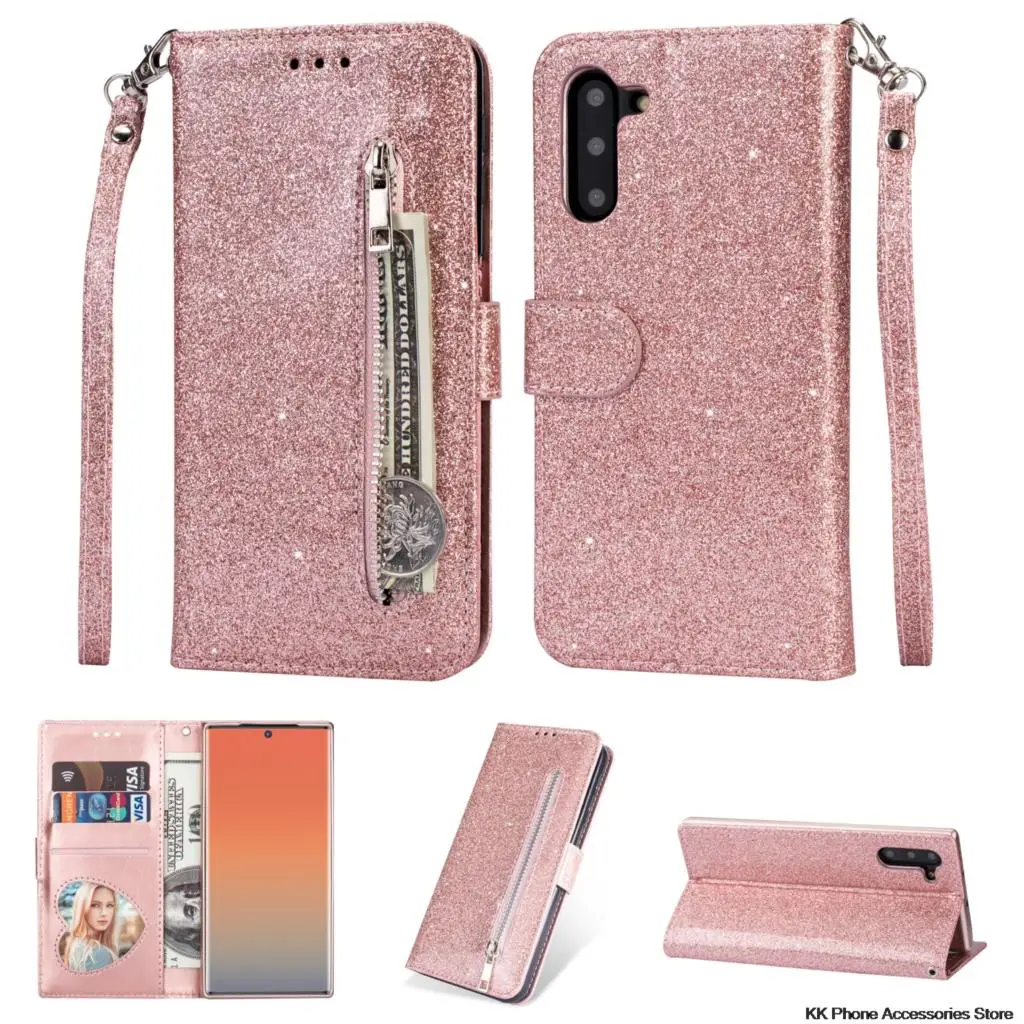 Блестящий кожаный чехол книжка на молнии для телефона Samsung Note 10 Plus + 9 8 A70 A60 A50 A40 A30