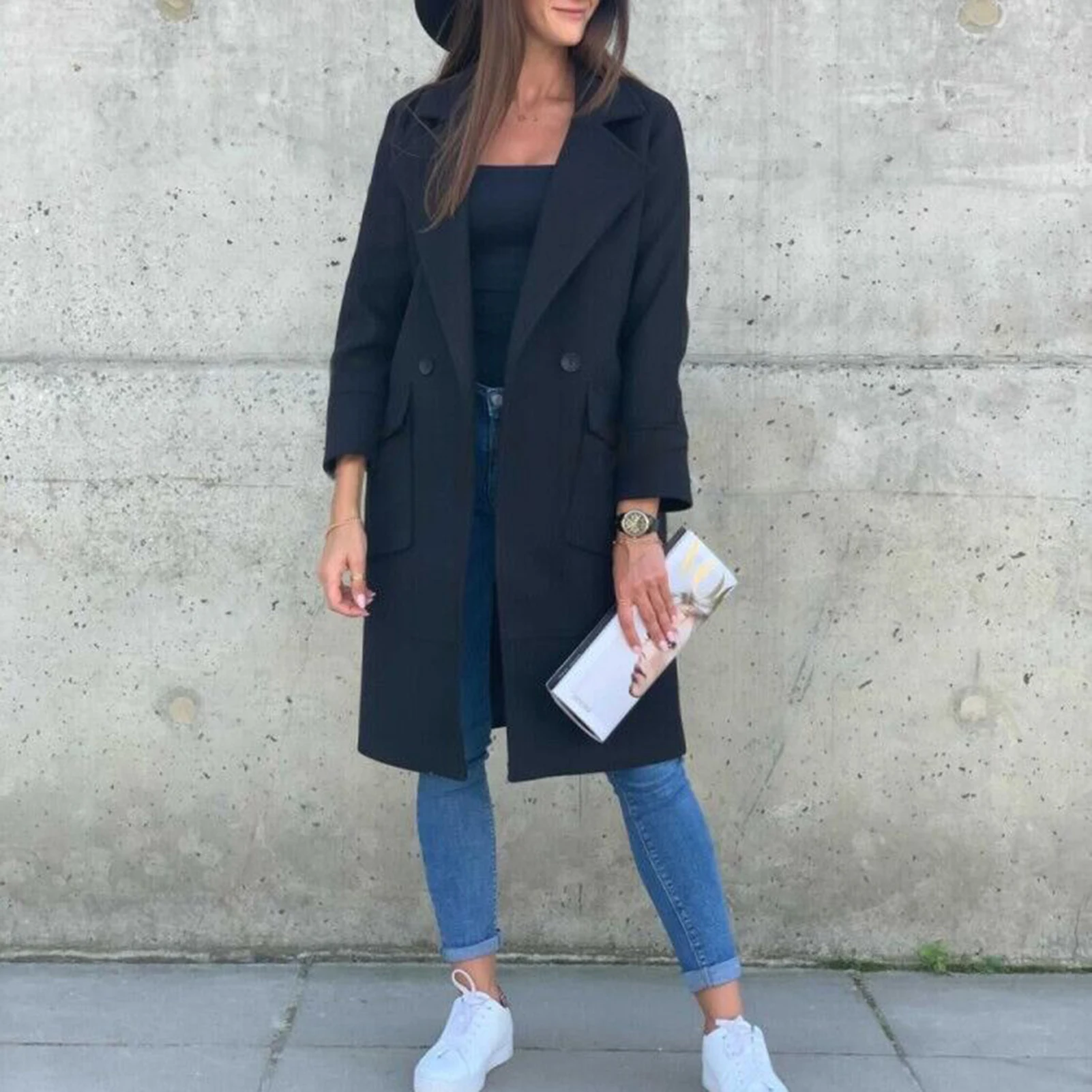 Женское осенне-зимнее однотонное пальто длинное шерстяное с лацканами и