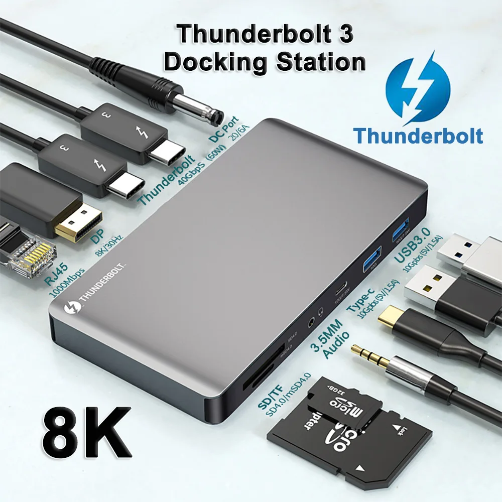 preço Thunderbolt 3 Tipo C HUB Adaptador USB Multifuncional 10 Em 1 RJ45 Gigabit Ethernet 40 Gbps De Alta Velocidade DP 8K Daisy Chain Tipo 6 Expansão De Tela Thunderbolt 3 Estação De Acoplamento Para Notebook USB C HUB