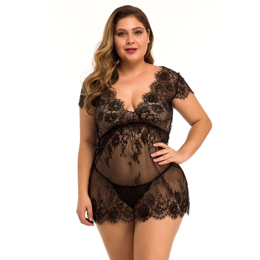 

Plus Size Sexy Lingerie Nightdress Women V-neck Transparent Lace Nightgown Sex Underwear Babydoll Erotic Costumes Porno Lenceria