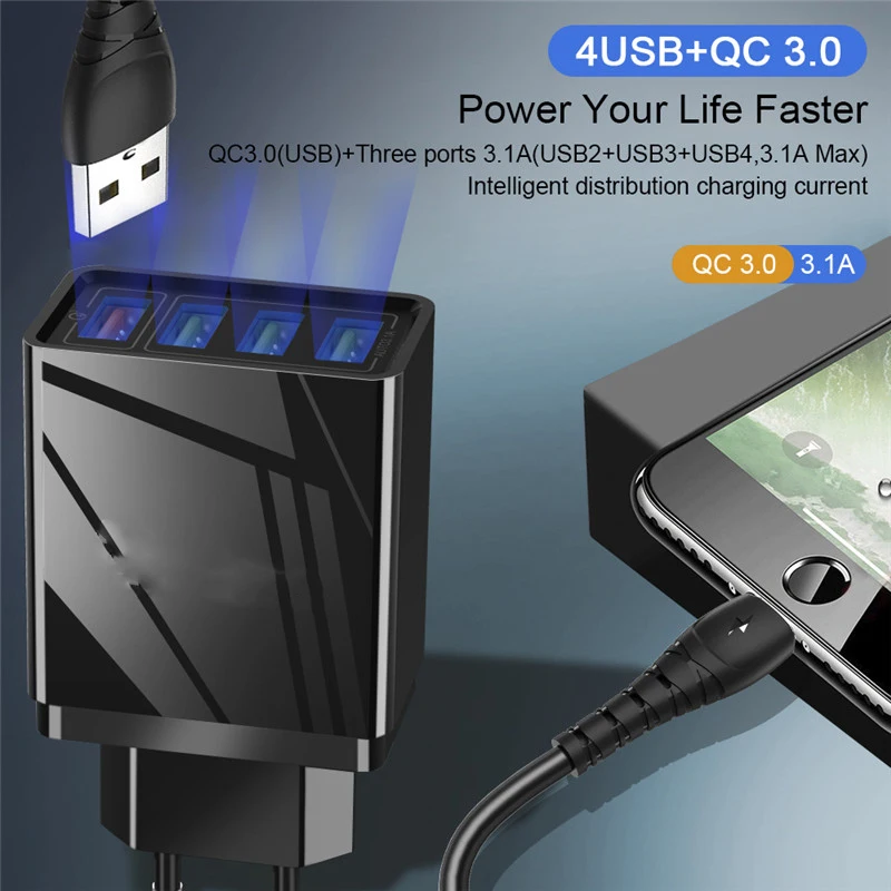 Быстрая зарядка USB зарядное устройство EU US UK вилка настенный быстрый мобильный телефон Зарядка адаптер для iPhone samsung Xiaomi huawei 4 порта зарядное устройство