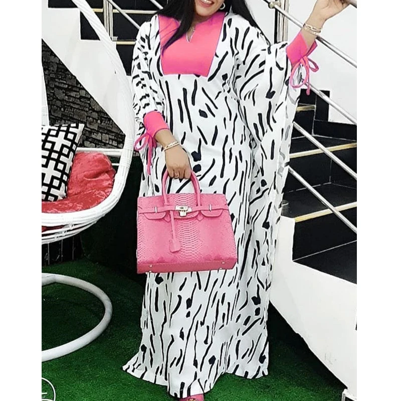 Платье MD размера плюс белое розовое женское длинный рукав больше d макси платья