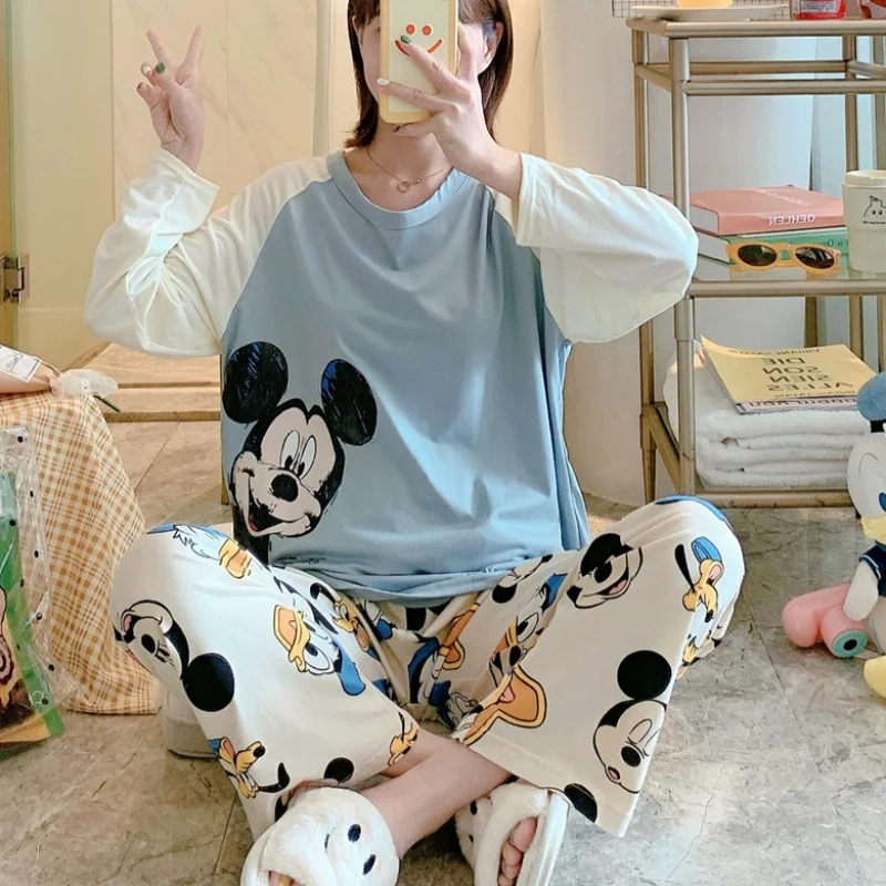 Disney Autumn Women's Sleep Lounge Set Pajama Long Sleeved Woman Mickey Mouse Pajama Set Cartoon Pyjamas Sleepwear M L XL XXL