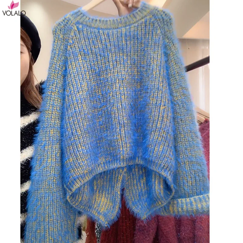 

VOLALO Mohair Sweater Women Solid Blue O-neck Pullover 2023 New Kpop Jumper Knitted Top Harajuku Split Loose Chic Sweaters