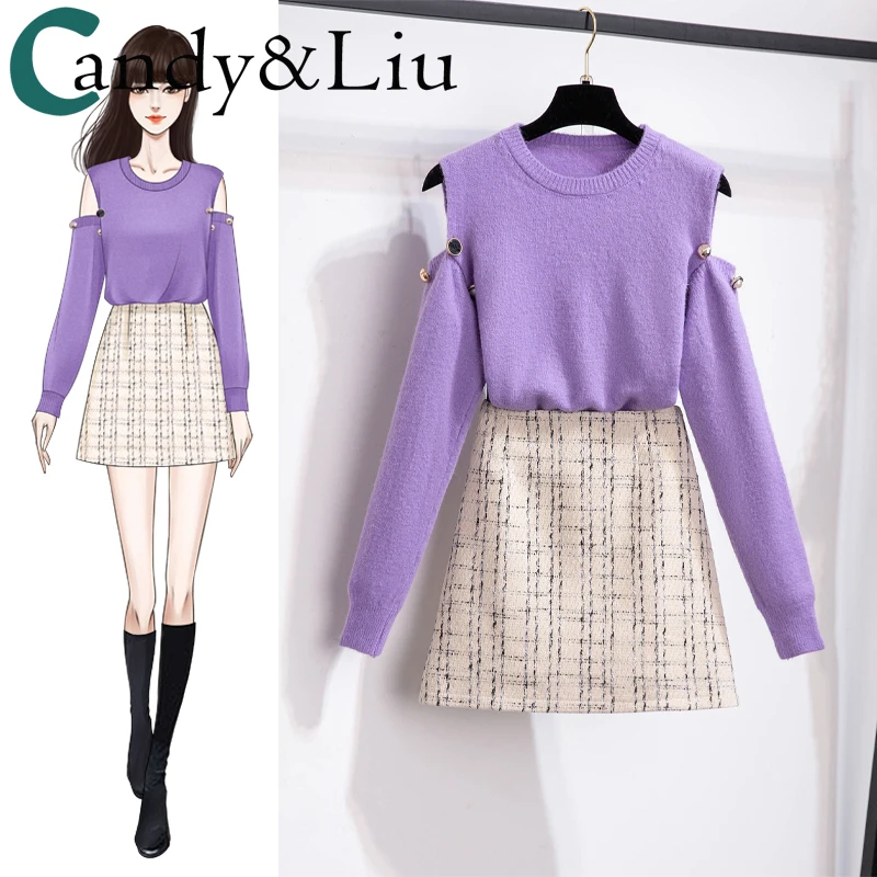 

Suit Women Autumn Winter New Korean Younger Street Purple Sweater Sexy Off The Shoulder Shirt Two Piece Set Office Lady Clothes