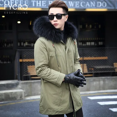 green black fur Мужское пальто из натурального меха енота, новинка, зимняя теплая Толстая куртка, повседневное пальто с капюшоном из натурального меха, мужские парки размера плюс 4XL - Цвет: green black fur