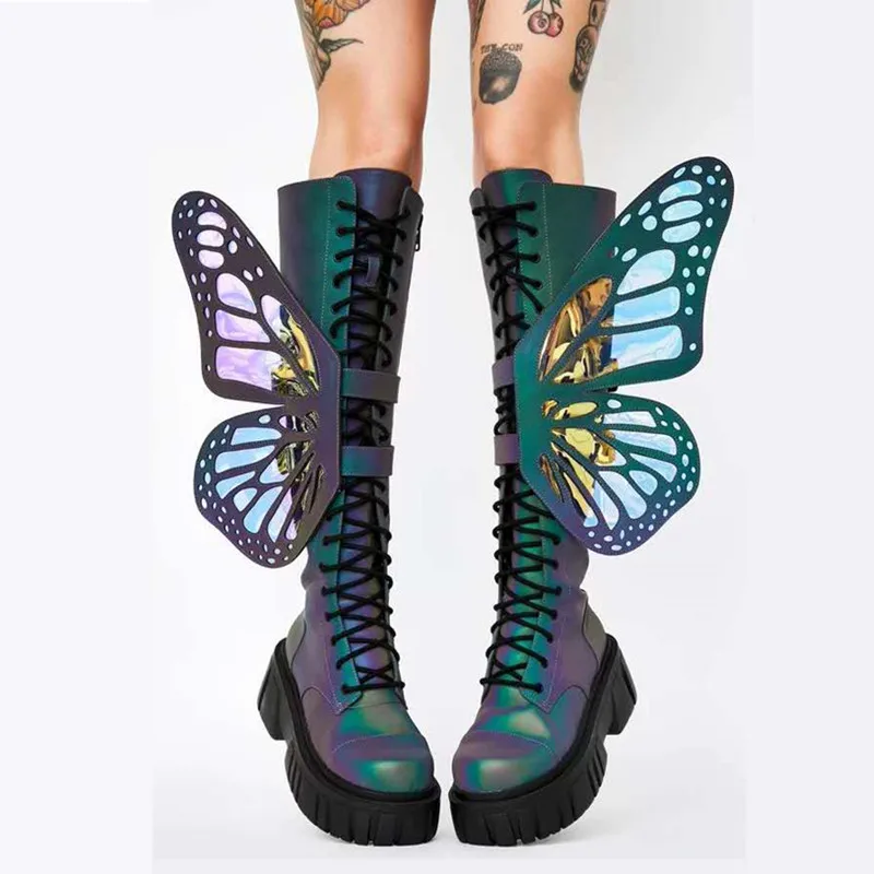 2023 New Butterfly Wings Design Women Knee High Boots Thick Sole Long Motorcycle Botas Lace-up Autumn Platform Demonia Shoes