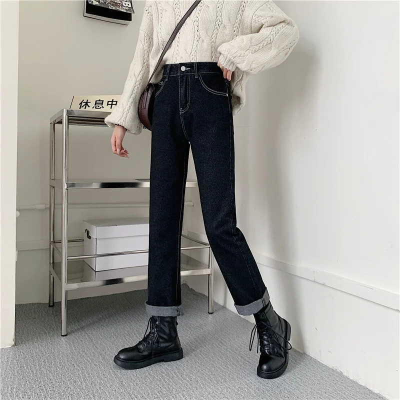Jeans Women's Autumn and Winter Korean Style 2021 New High Waist Slimming Popular Small Straight Black Pants Fashion | Женская