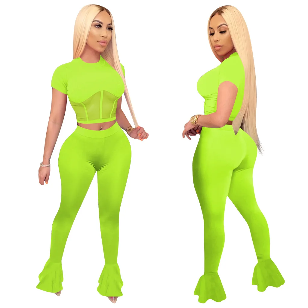 

Casual women's suit fashion sexy mesh flared pants casual suit