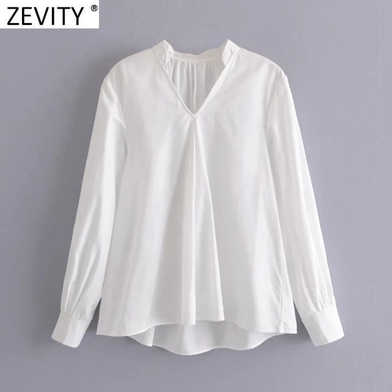 

Zevity Women Fashion V Neck Solid Color Casual White Smock Shirt Office Lady Back Pleat Blouse Roupas Chic Femininas Tops LS7606