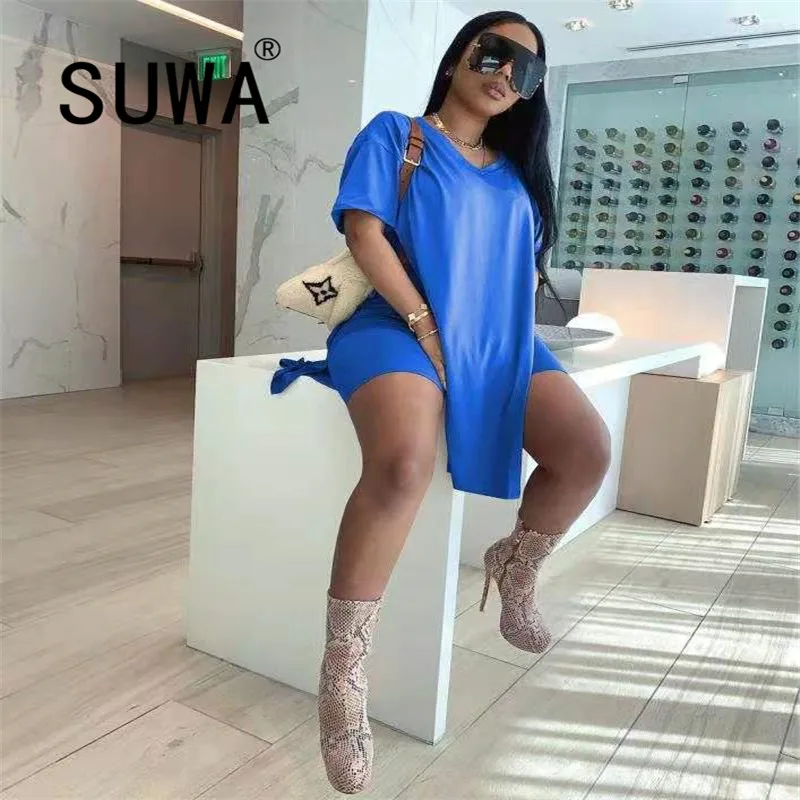 

Solid Color Casual Home Wear Tracksuit Two Piece Outfits Women Sets Clothes Loose Summer T-Shirt Top Biker Shorts Streetwear