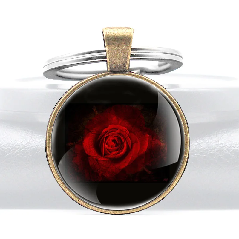 Черный классический цветок розы дизайн стеклянный купол металлический брелок