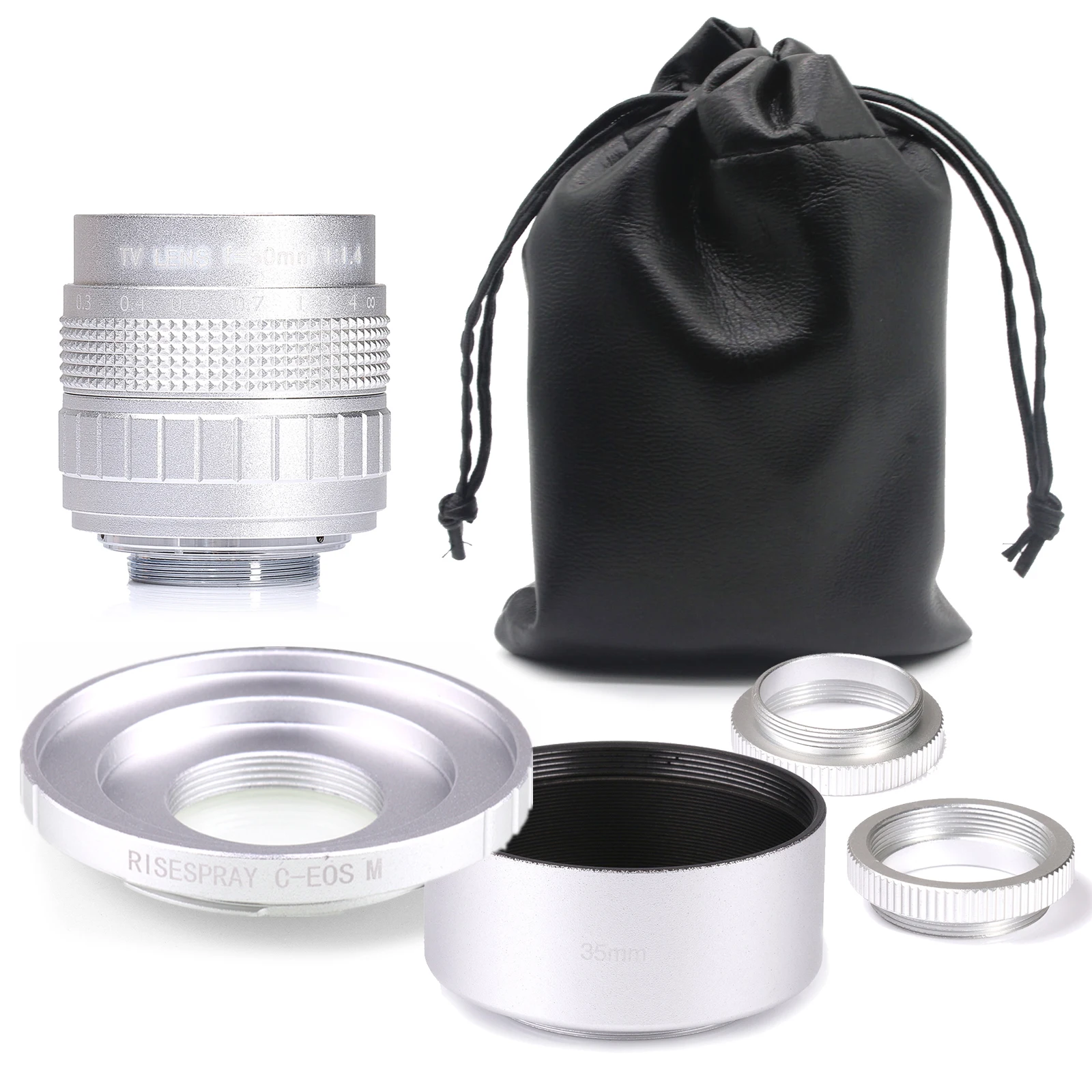 

Silver Fujian 50mm F1.4 CCTV TV camera lens + C-EOSM + lens hood for Canon EF-M EOSM Mirroless Camera M1/M3/M5