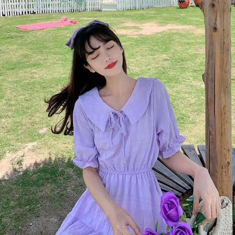 

Summer Women Purple Shorts Sleeve High Waist Peter Pan Collar A-line Beach Dress Female Lace Up Holiday Solid Vestido