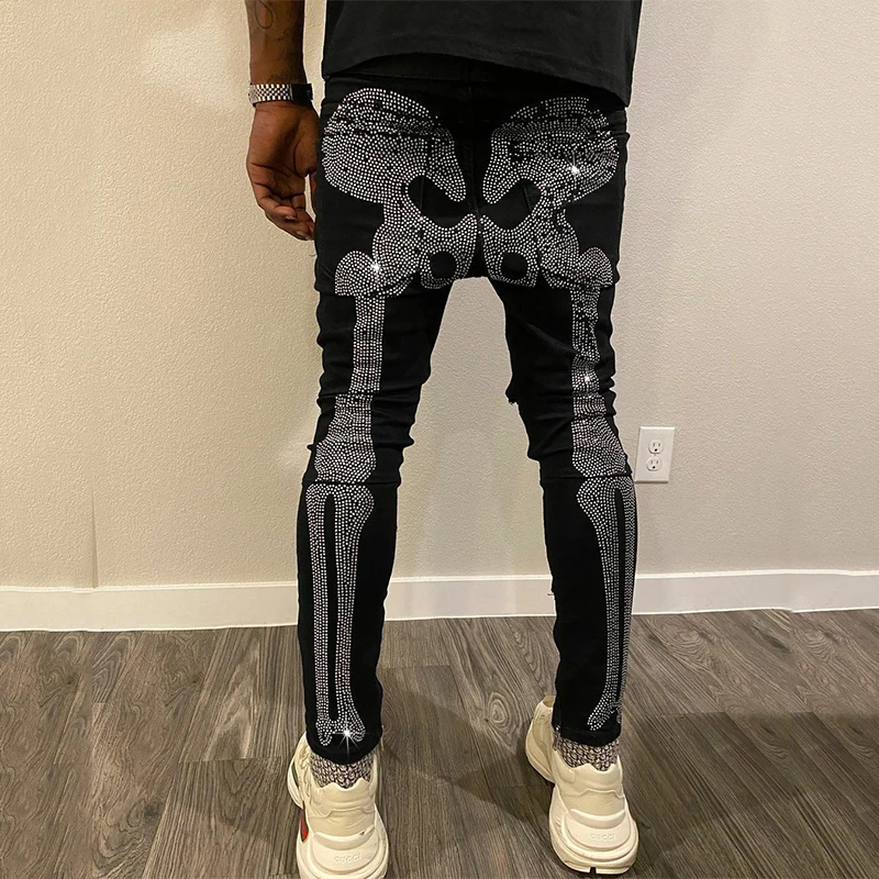 

New Men's Black Stretchy Jeans Skinny Slim Fit Hot Drill Letter Punk Streetwear Biker Trousers Man Designer Denim Pencil Pants