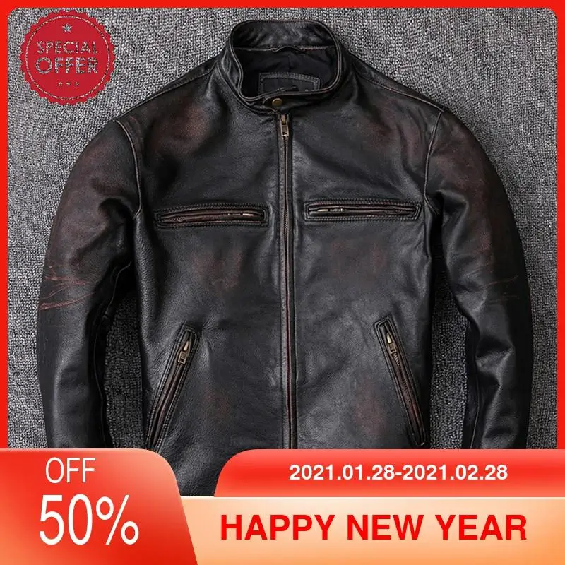 

2021 Vintage Black Men Biker's Leather Jacket Plus Size 6XL Genuine Cowhide Russian Spring Slim Fit Motorcycle Leather Coat