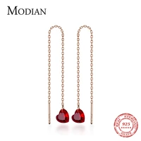 modian silver simple red crystal hearts chain earrings 925 sterling silver aaa cubic zirconia dazzling drop earring for women