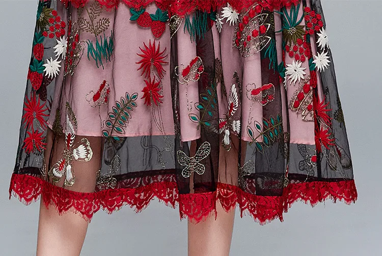 

JSXDHK High Quality Runway Dress Women Summer Mesh Embroidery Flowers Dresses 2020 New Fashion Long Midi Ruffles Party Dresses