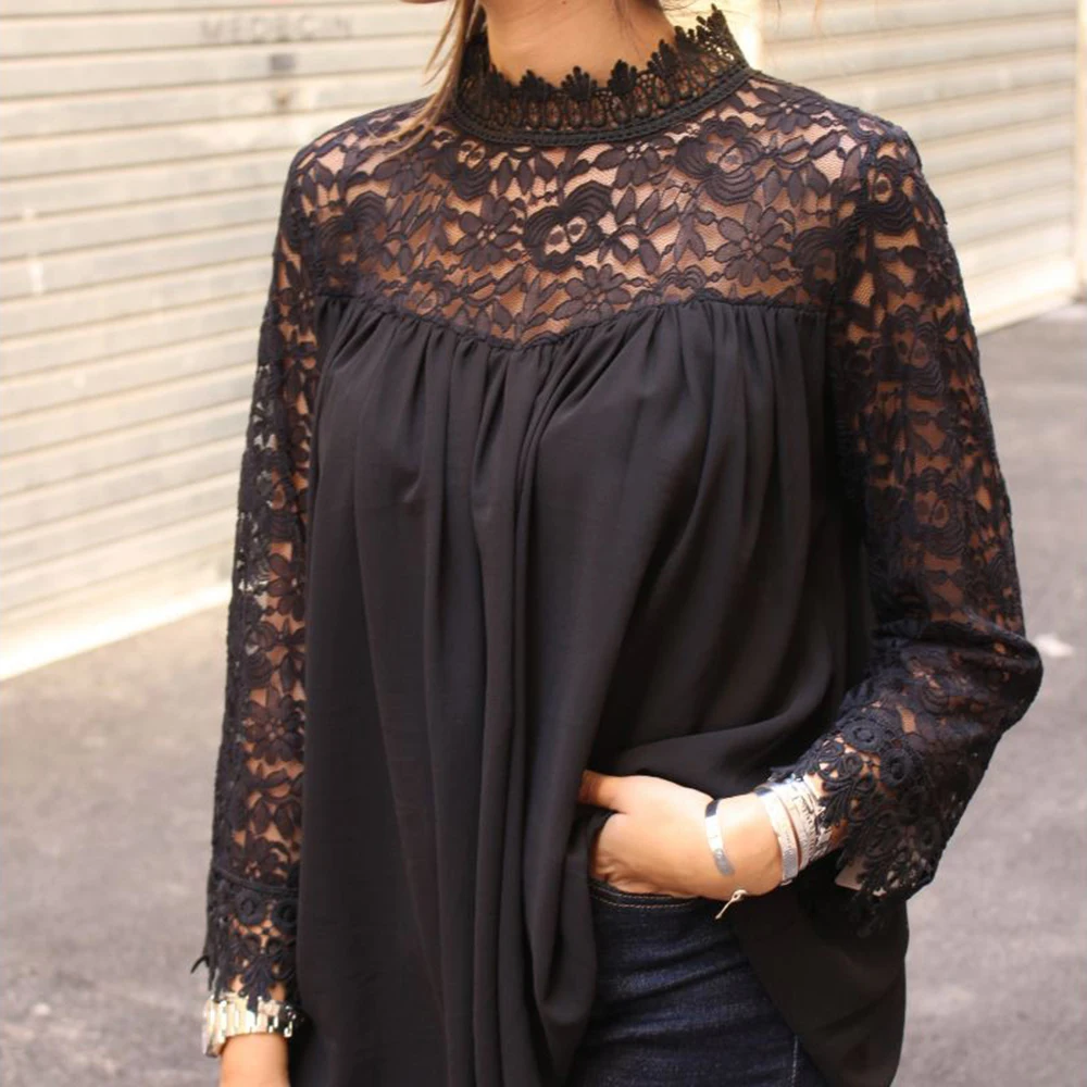 Женская кружевная Лоскутная офисная блузка с высоким воротом свободная