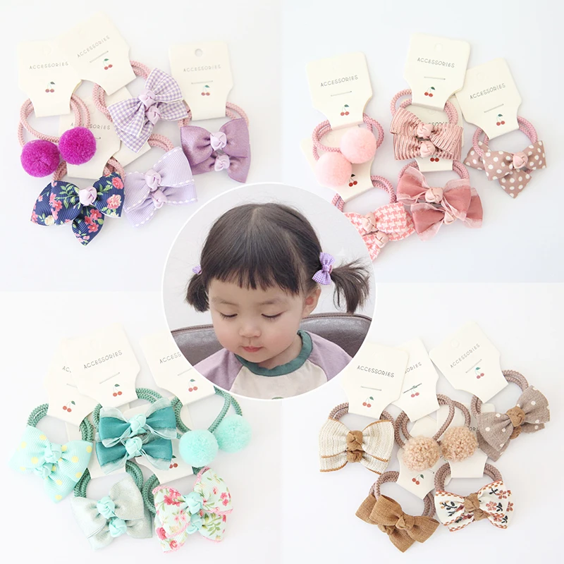 10Pcs/Set Floral Bow Baby Hair Rope Elastic Solid Color Pompom Child Tie For Girls Cartoon Dot Plaid Print Kid Rubber Band - купить по
