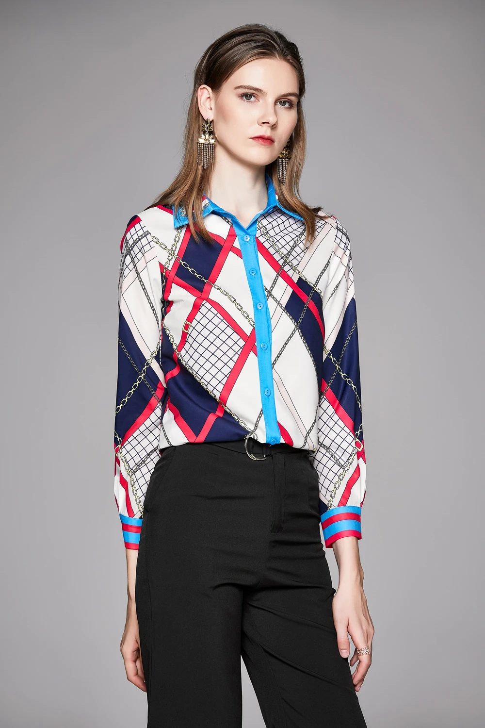 2020 весна лето осень подиум винтажный принт воротник кнопка спереди длинный рукав