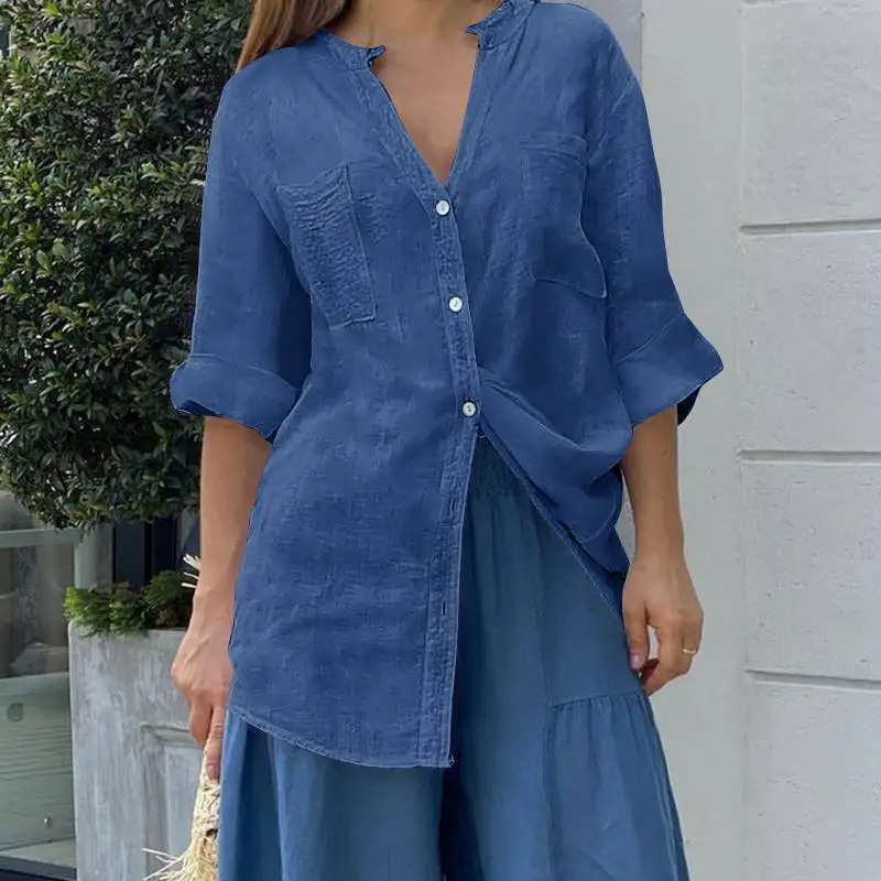 

Женские длинные рубашки 2021 VONDA, однотонные топы с V-образным вырезом и длинным рукавом, повседневные хлопковые рубашки на пуговицах, блузка, ...