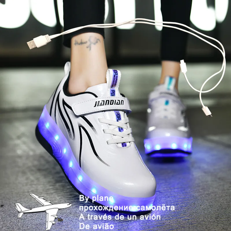 

Children Boys Blue Luminous Glowing Sneakers with Double Two Wheels Roller Skate Shoes Adult Kids USB Charging Shoes Pink Girls
