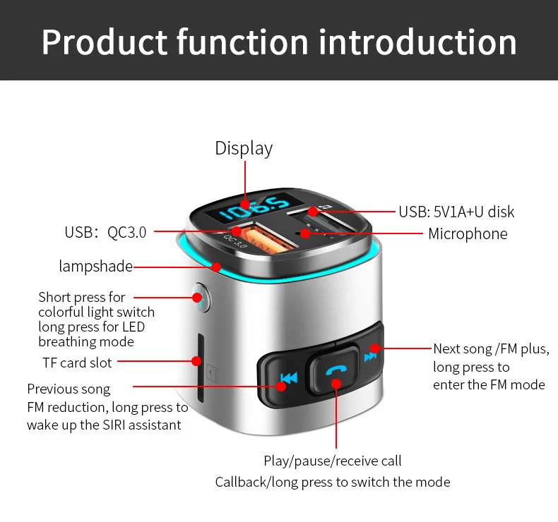 Bc41 Nordic Style Car Mounted Card Instert MP3 Player Multi-functional Bluetooth Receiver USB Drive Charger Car Cigarette Lighte