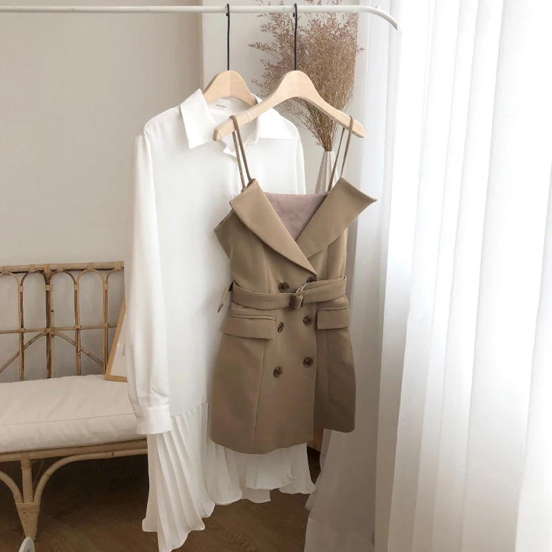 

2021 New Spring Women's Korean Chic Elegant Loose White Shirt Dress Slim Double-Breasted Suspender Dress Two Piece Dress Suit