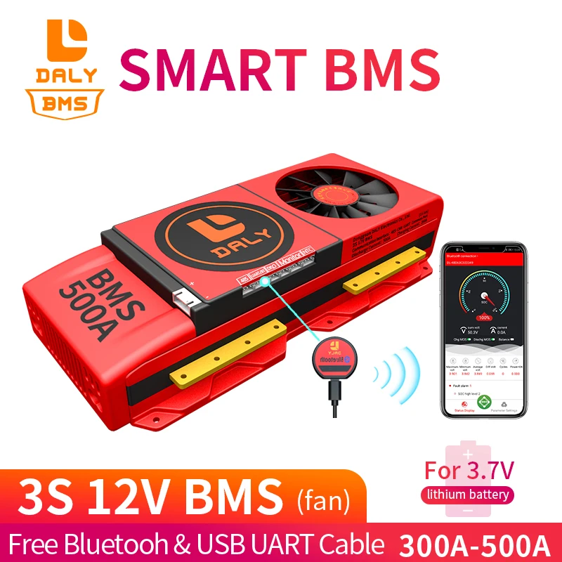 

Fan Smart BMS 3S 12V Li ion 8650 battery 300A 400A 500A Fre Bluetooth to USB UART device NTC Li ion for Solar Inverter