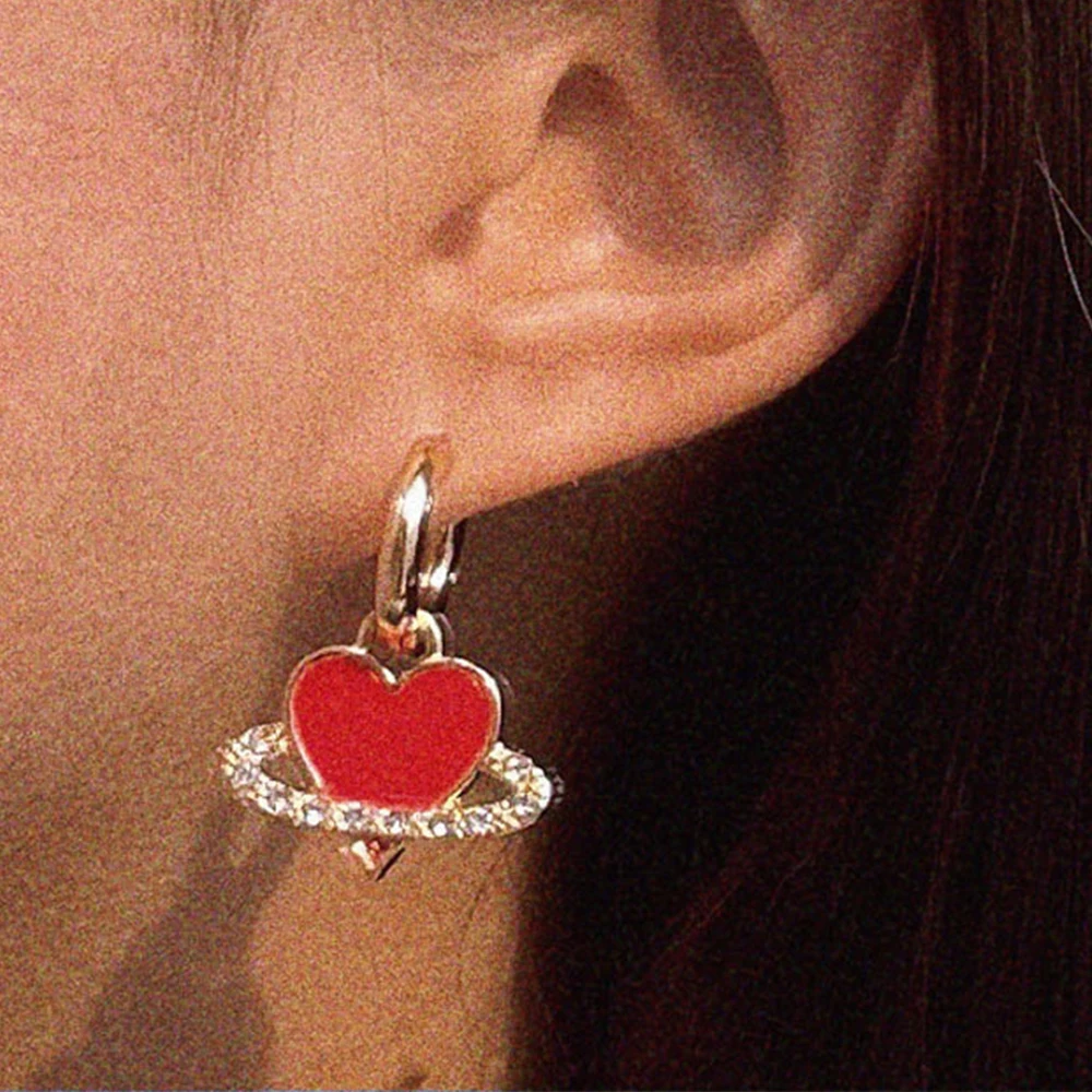 

Y2K Red Love Heart Crystal Angel Hoop Earrings For Women Trendy Glazed Pendant Huggies Earrings Stainless Steel Circle Jewelry