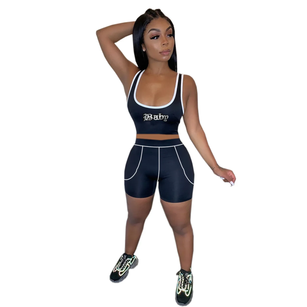 

Summer Sleeveless Women's Casual Vest Hot Drill Letter Shorts Multicolor Two Piece Set